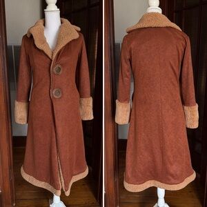 Retro Brown Faux Suede Fleece Trim Long Western Trench Coat Boho 70s Inspred